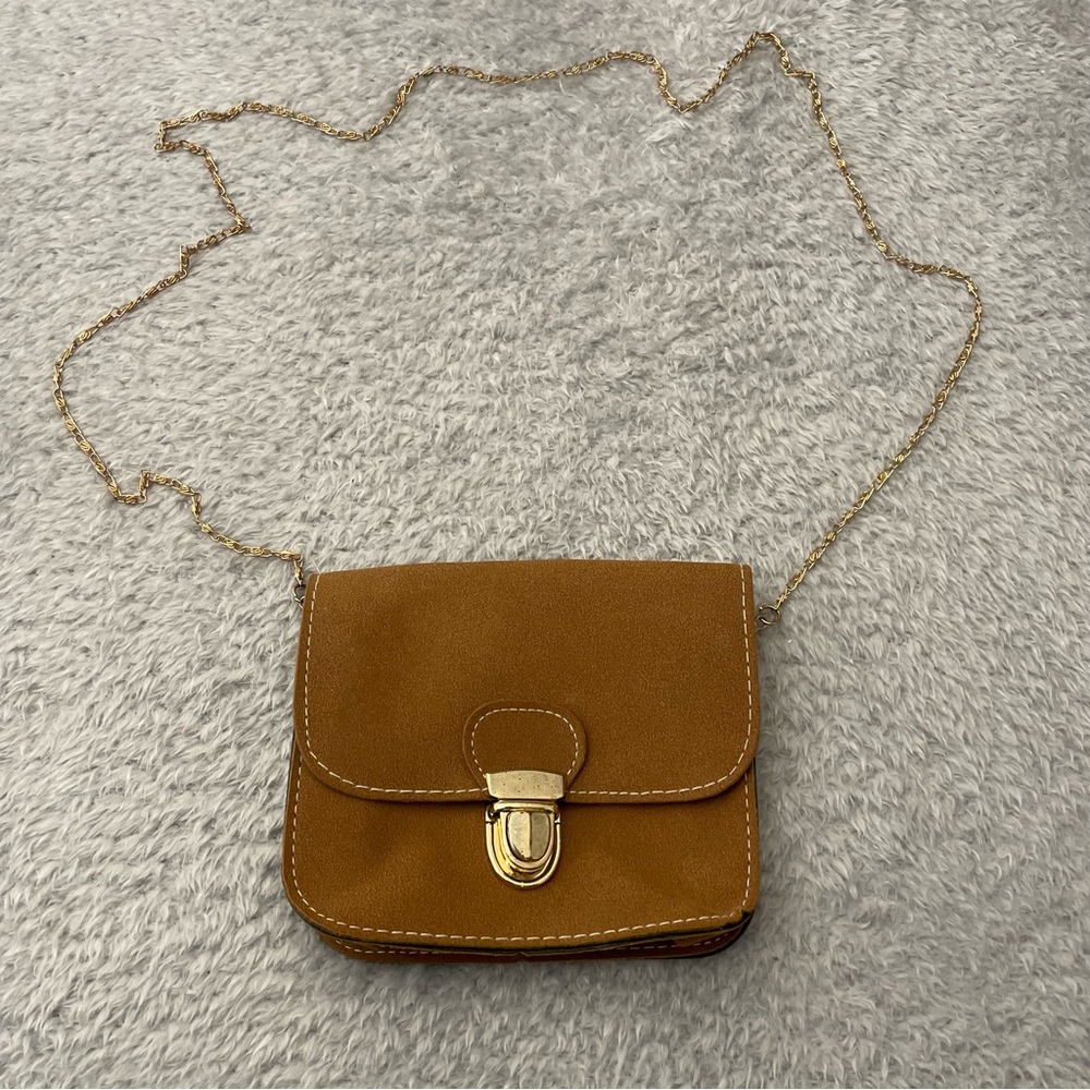 Faux Suede Crossbody Bag Cognac Brown Gold Chain Strap Small Messenger